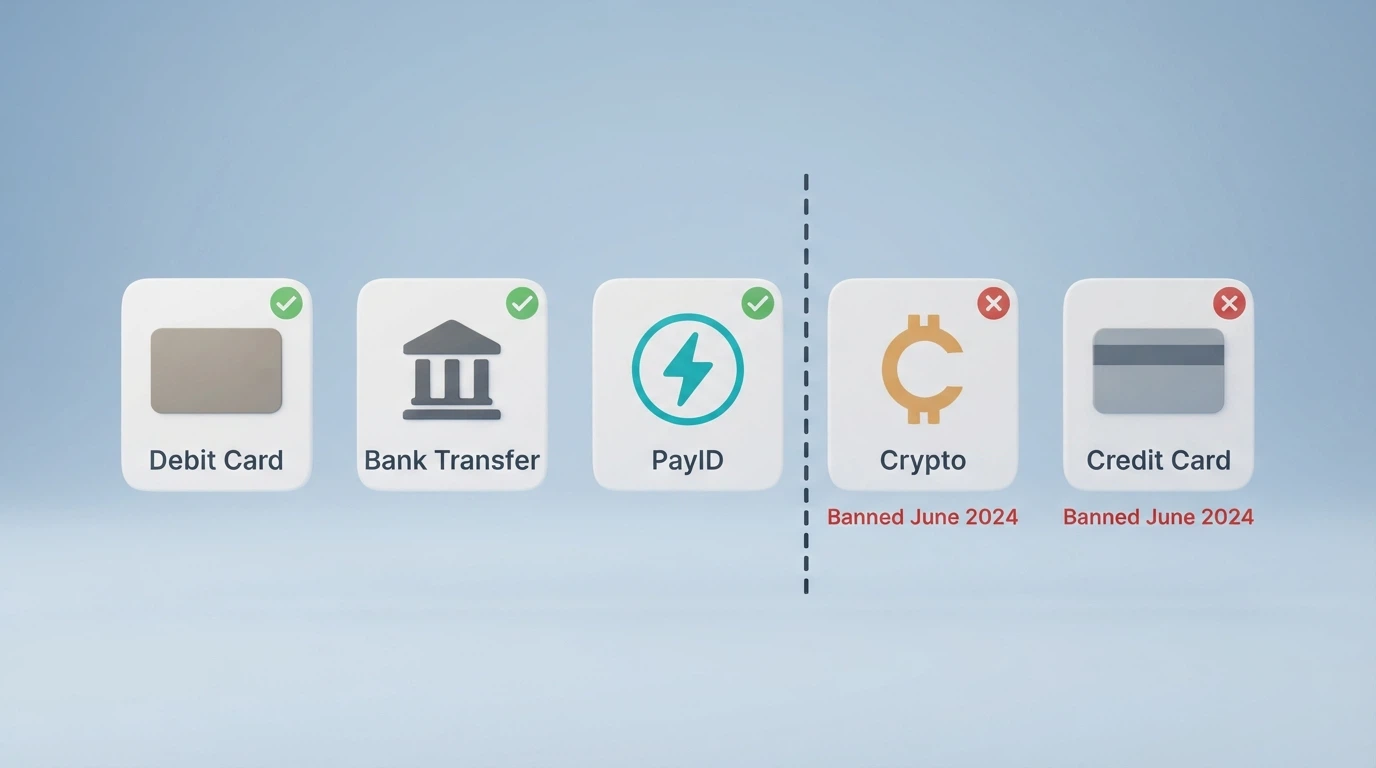 Australian payment methods for online casinos — PayID logo, Visa and Mastercard debit cards, Bitcoin symbol and a bank transfer icon, with credit-card and crypto icons marked as banned for licensed wagering since June 2024