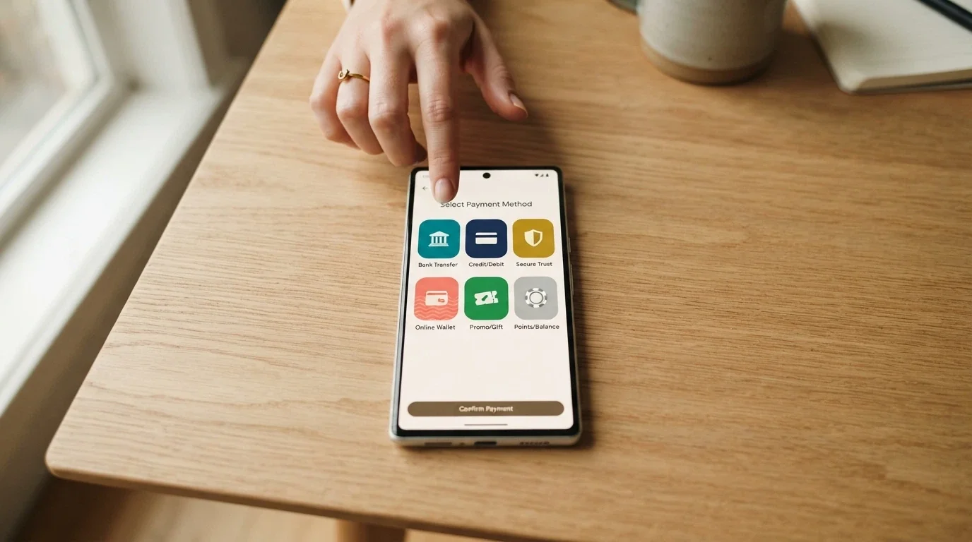 A payment-method selection screen showing PayID, POLi, Visa, Mastercard, Neosurf and cryptocurrency logos side by side