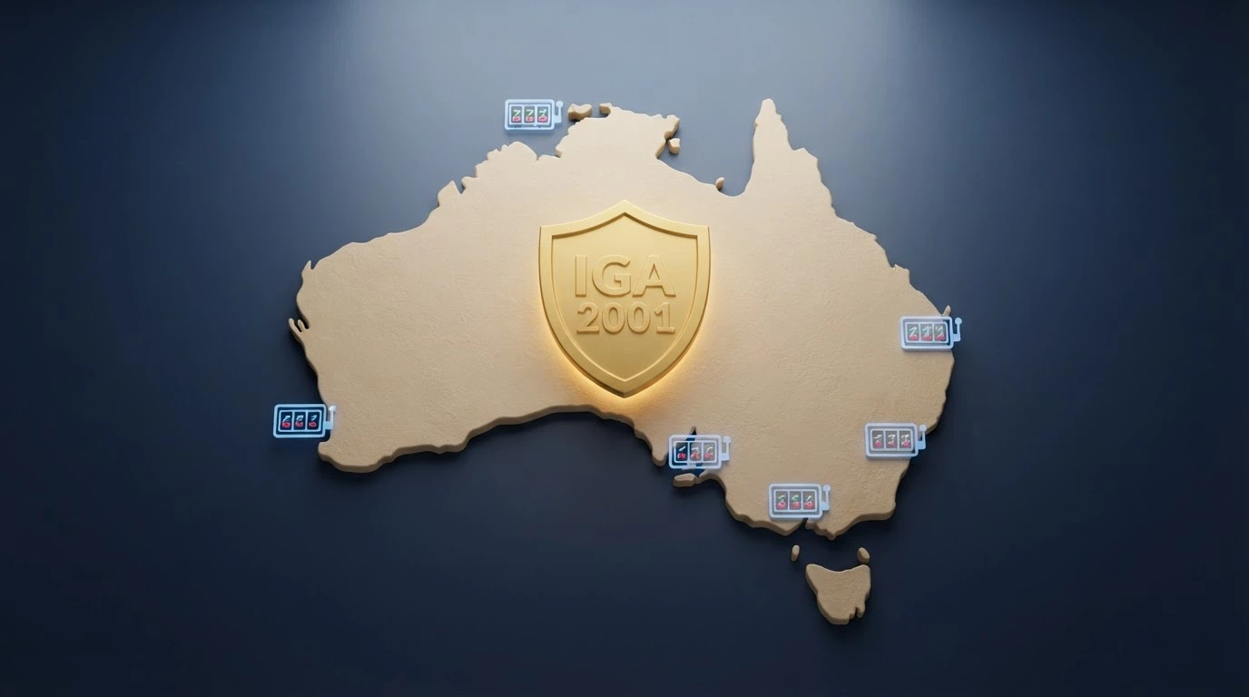 A simplified map of Australia with a shield icon labelled “IGA 2001” over it, and casino-site icons positioned outside the shield in offshore waters