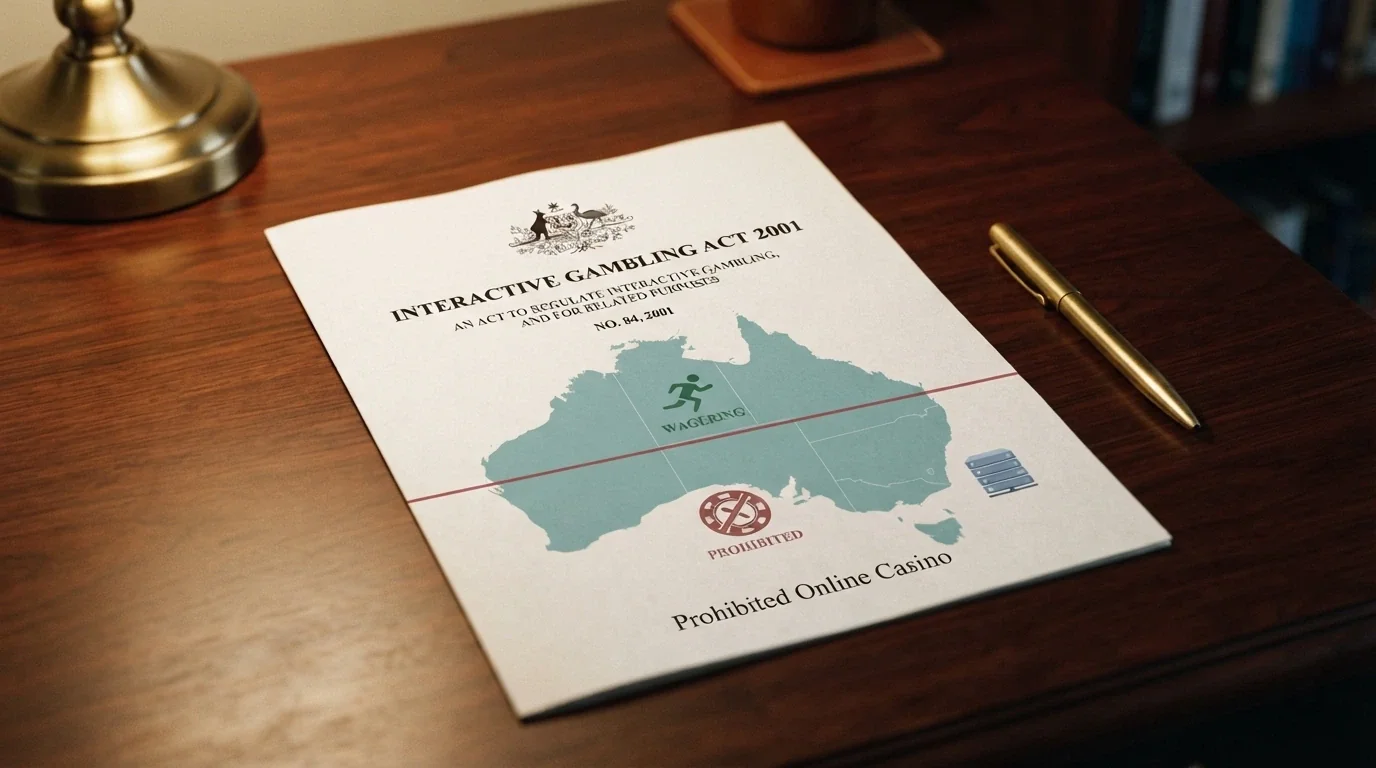 The Interactive Gambling Act 2001 title page overlaid with an Australian map and an offshore server icon, with a line separating licensed wagering from prohibited online casino