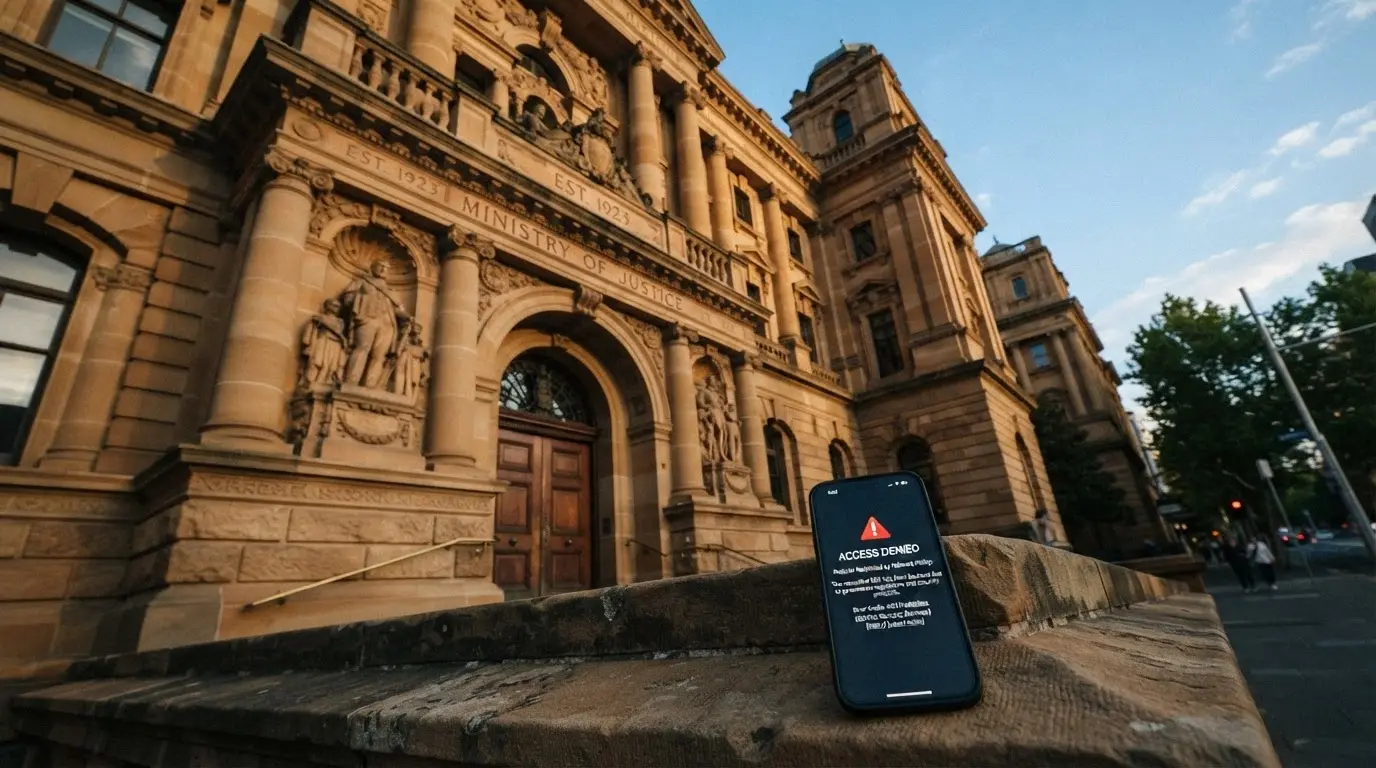 The Australian coat of arms visible on a government building façade, with a smartphone overlaid showing a blocked-website notice from the ACMA