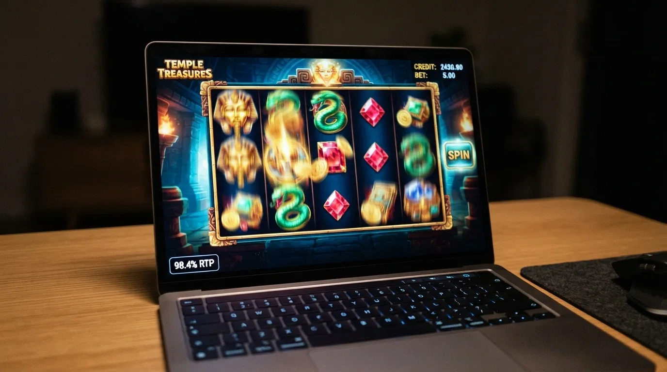 A close-up of spinning pokie reels on a laptop screen, with colourful game symbols and a visible RTP percentage in the corner