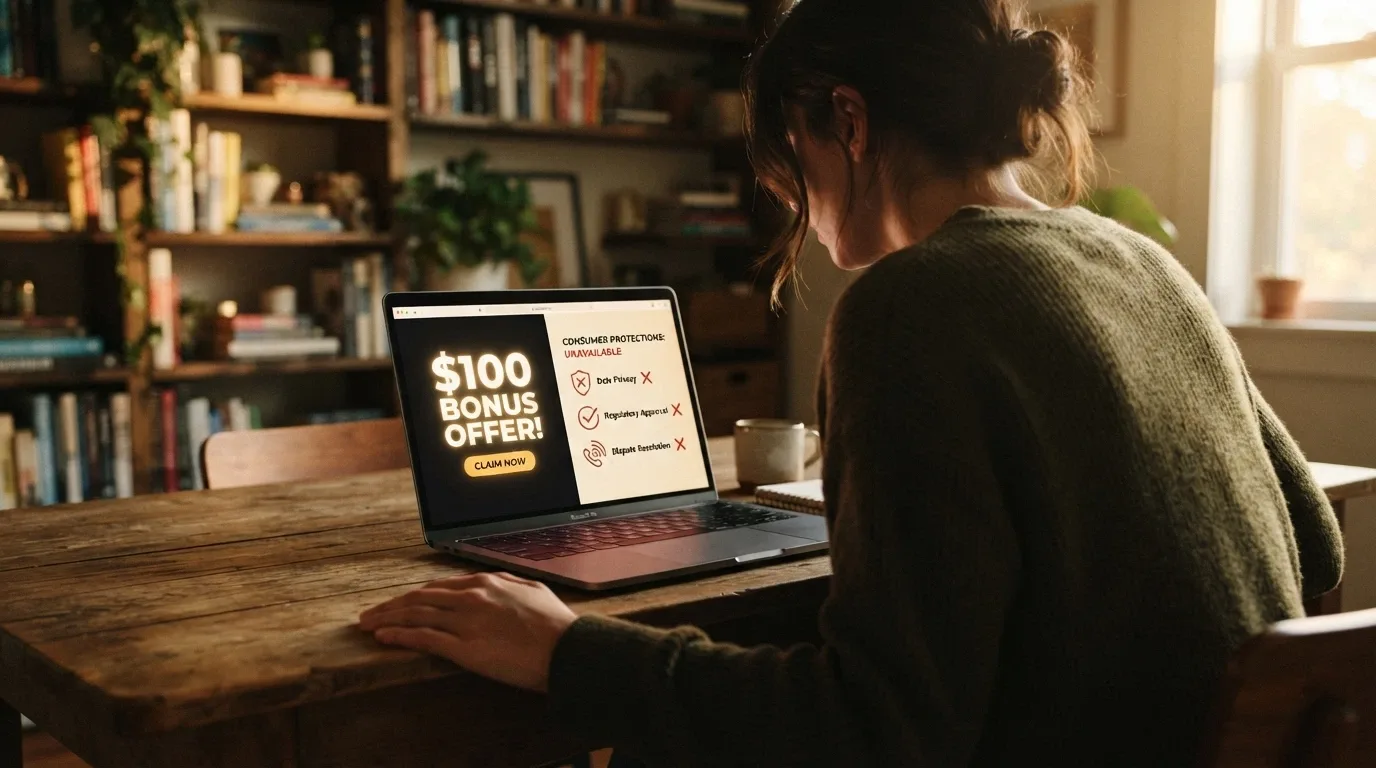 An Australian player at a laptop weighing an online casino bonus offer against a list of consumer protections marked as unavailable