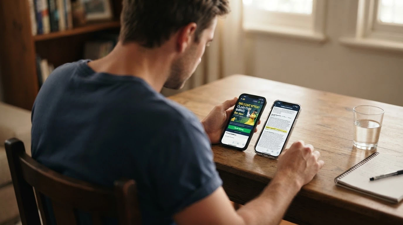 An Australian player at a desk looking at two smartphone screens side by side, one showing a reload bonus claim button and the other displaying a terms-and-conditions page