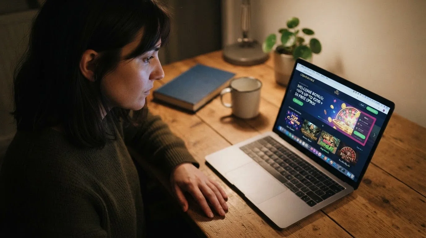 A person looking at a laptop screen with a thoughtful expression, a casino site visible in the background, the question mark implied by the lighting