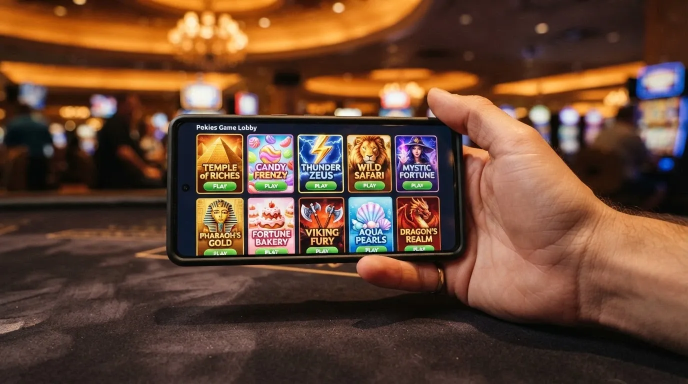 An iPhone in landscape mode displaying a pokies game lobby grid with thumbnails for Thunderstruck II, Gates of Olympus and Sweet Bonanza visible