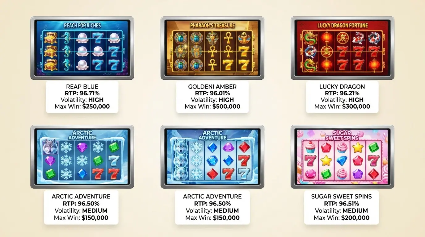 Five popular online pokies — Big Bass Bonanza, Wolf Gold, Book of Dead, Gates of Olympus and Sweet Bonanza — arranged in a grid with their RTP percentages, volatility labels and max-win figures