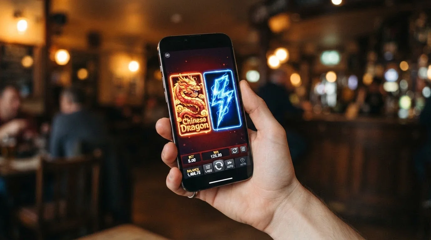 Mobile screen showing Dragon Link and Lightning Link pokies game tiles side by side