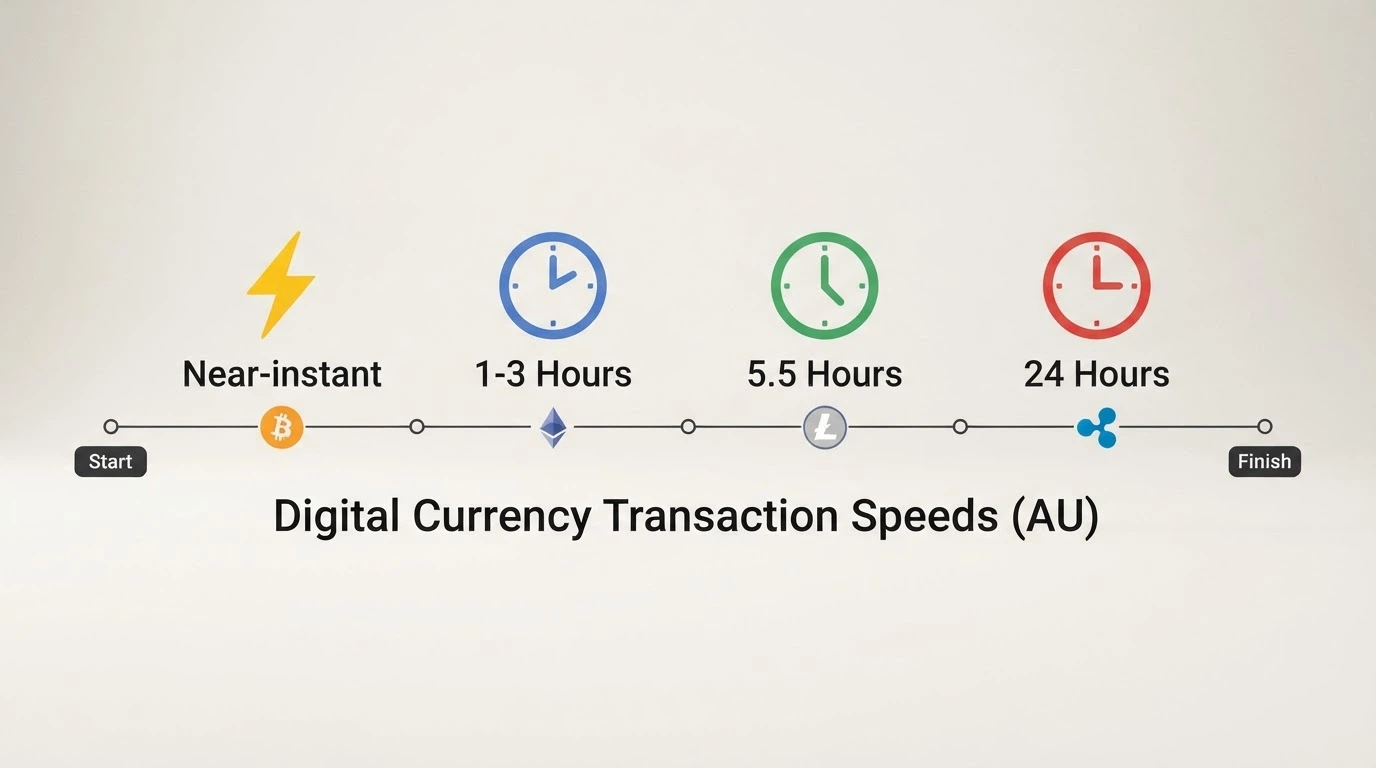 A horizontal timeline comparing crypto withdrawal speeds: a near-instant marker for Stake, a 1–3 hour marker for 7Bit, a ~5.5 hour marker for Wild Fortune and a ~24 hour marker for Joe Fortune, each with a BCH transaction icon