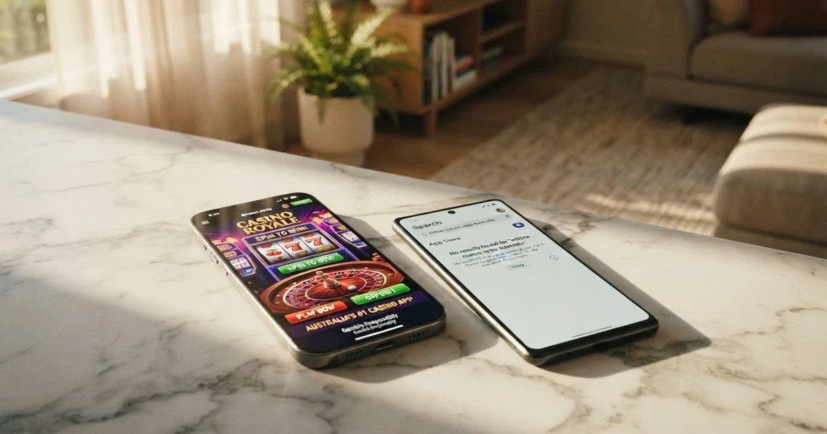 A smartphone screen showing a casino app interface beside an Australian App Store search result with no real-money casino apps visible