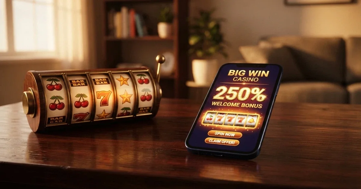 A smartphone screen showing an online casino welcome bonus offer with a deposit-match percentage and free-spin count displayed beside a pokies reel set