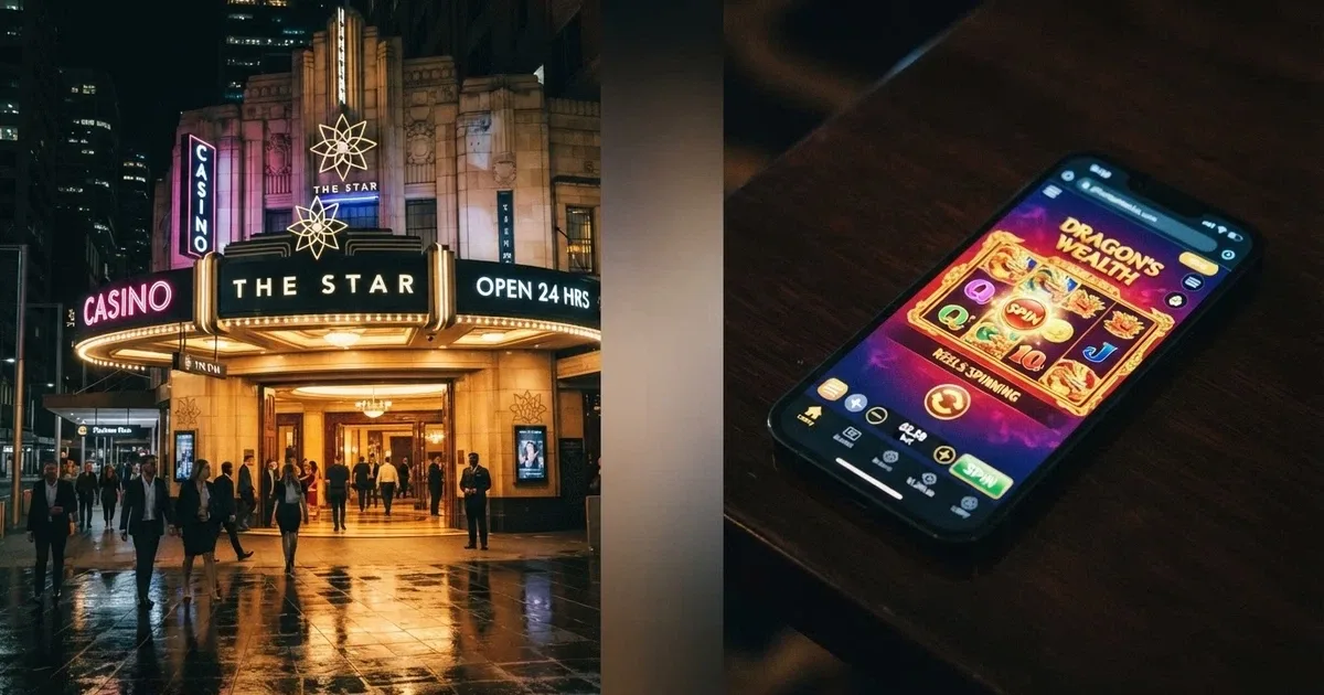 A split composition: on one side the lit exterior of an Australian land-based casino at night, on the other a smartphone screen showing an online casino lobby with a high-stakes pokies title loaded