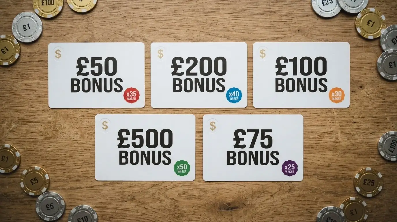 A grid of casino-branded cards arranged as a comparison table, each showing a bonus amount and a wagering-multiple badge, with Australian currency symbols