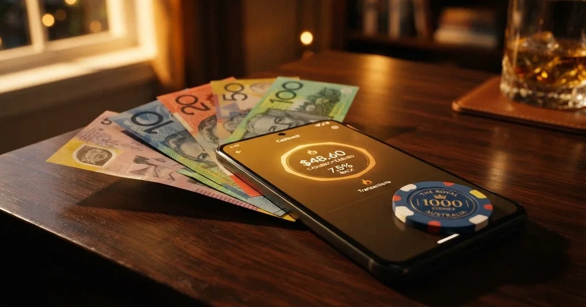 A stack of Australian dollar notes fanned across a smartphone screen displaying a casino cashback percentage badge, with a poker chip resting on the edge of the phone