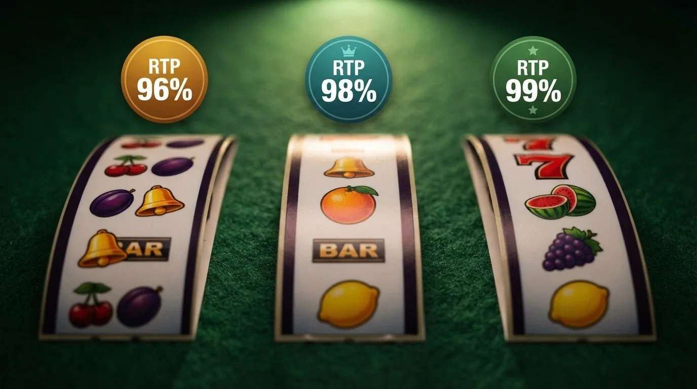 A pokie-reel close-up with RTP percentage badges overlaid on three different slot titles, showing 96%, 98% and 99%