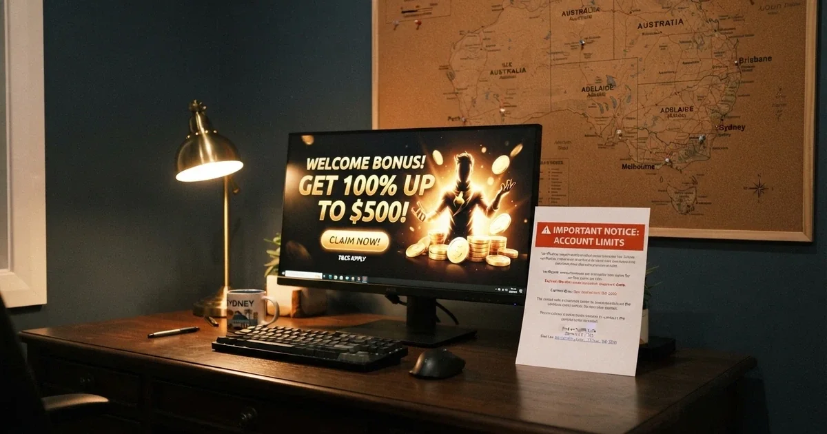 A desktop screen showing a casino welcome-bonus banner beside an ACMA warning notice, with a map of Australia in the background