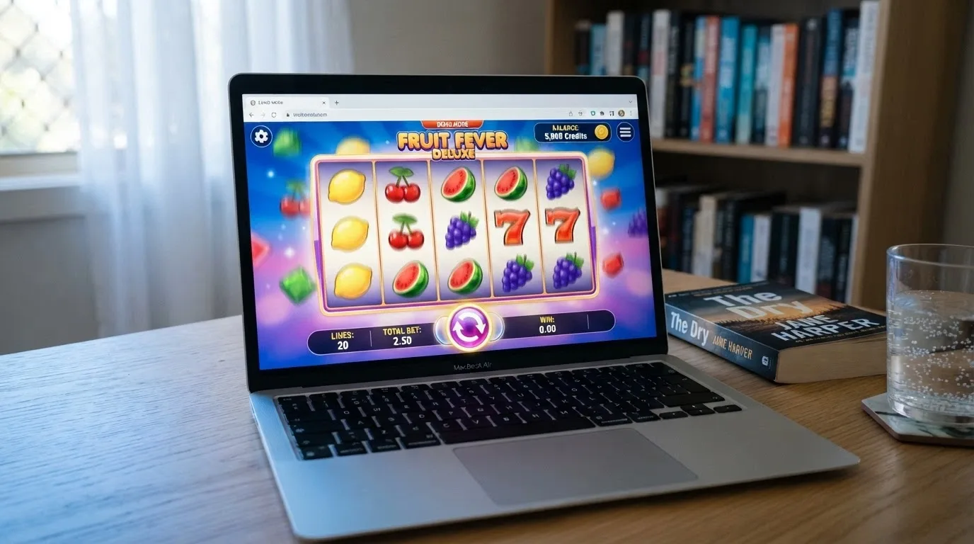 A screenshot of a Betsoft slot in demo mode with a play-money balance and the spin button highlighted