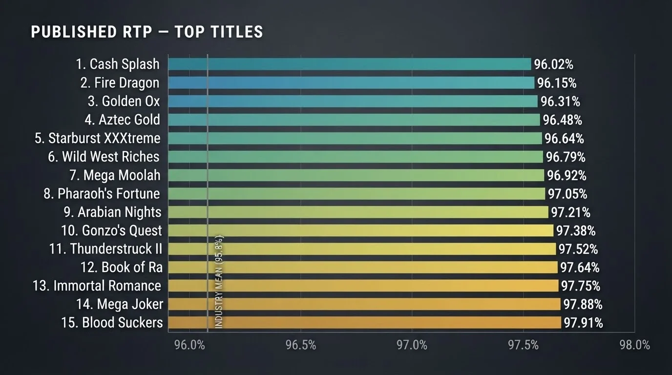A visual comparison grid of Betsoft slot title cards showing RTP percentages and volatility labels beside game artwork