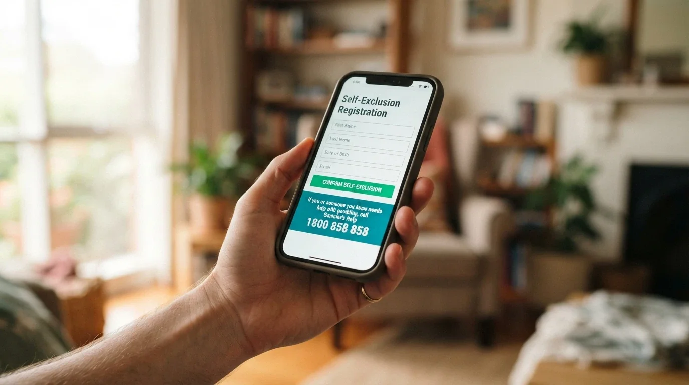 A smartphone screen showing the BetStop registration page beside a support card with the helpline number 1800 858 858