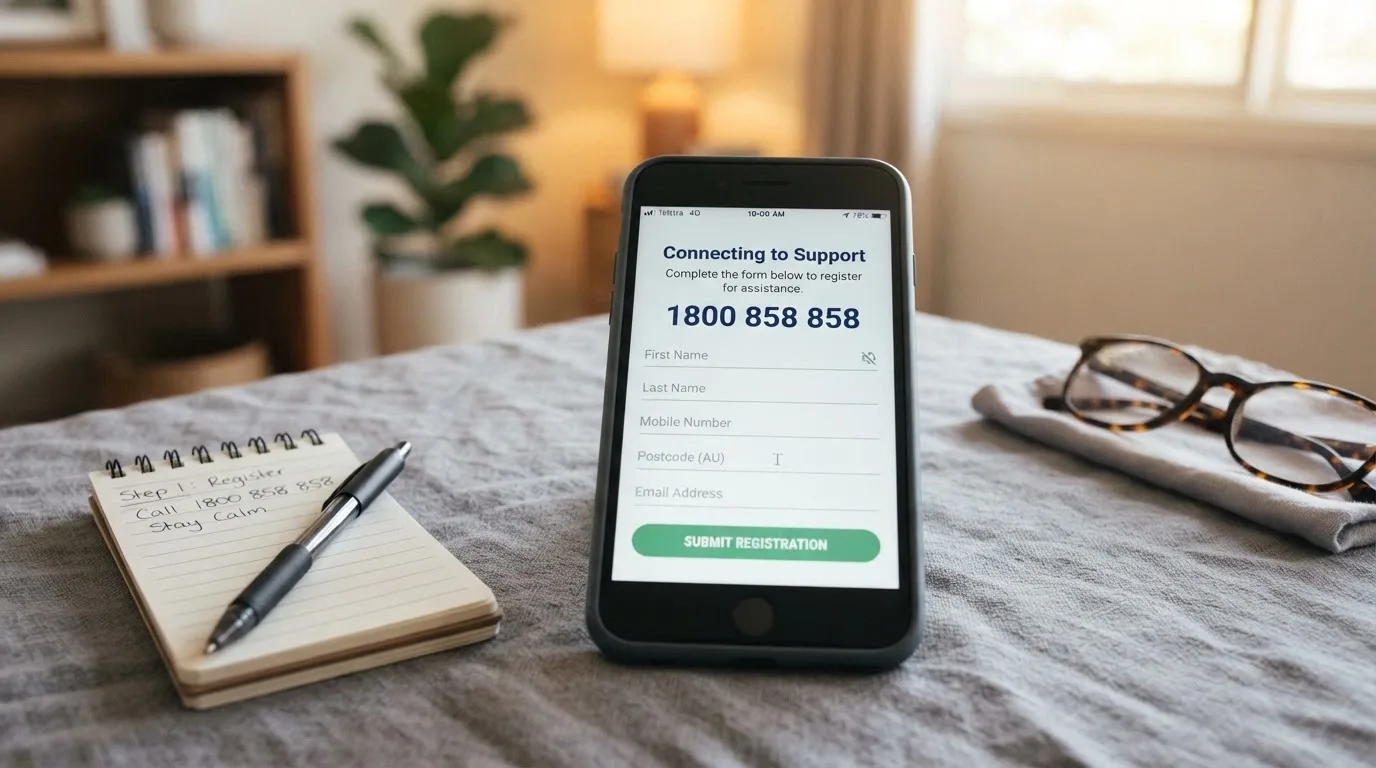 A phone screen showing the BetStop registration page or the Gambling Help Online homepage with the 1800 858 858 number visible