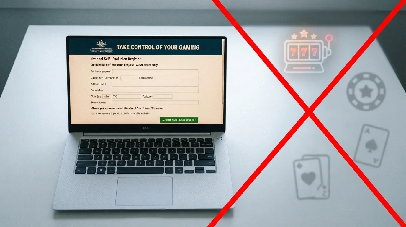 A BetStop registration screen on a laptop, with a red cross drawn over a list of offshore casino logos beside it