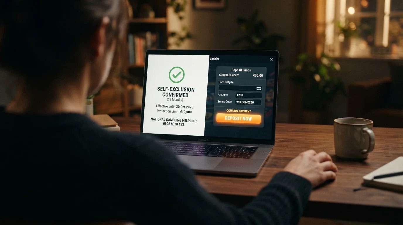 A split-screen: the BetStop registration confirmation page on one side, and an offshore casino still accepting deposits on the other