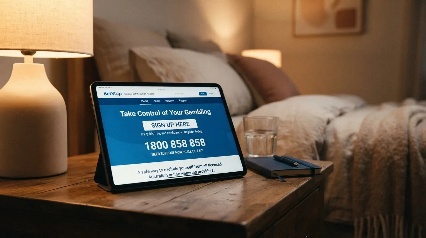 The BetStop National Self-Exclusion Register homepage on an iPad screen with the registration button and 1800 858 858 helpline number clearly visible