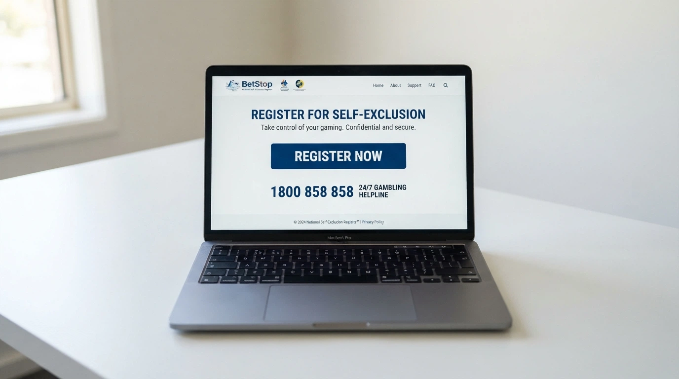 A laptop screen showing the BetStop National Self-Exclusion Register homepage with the 1800 858 858 helpline number displayed prominently below the registration button