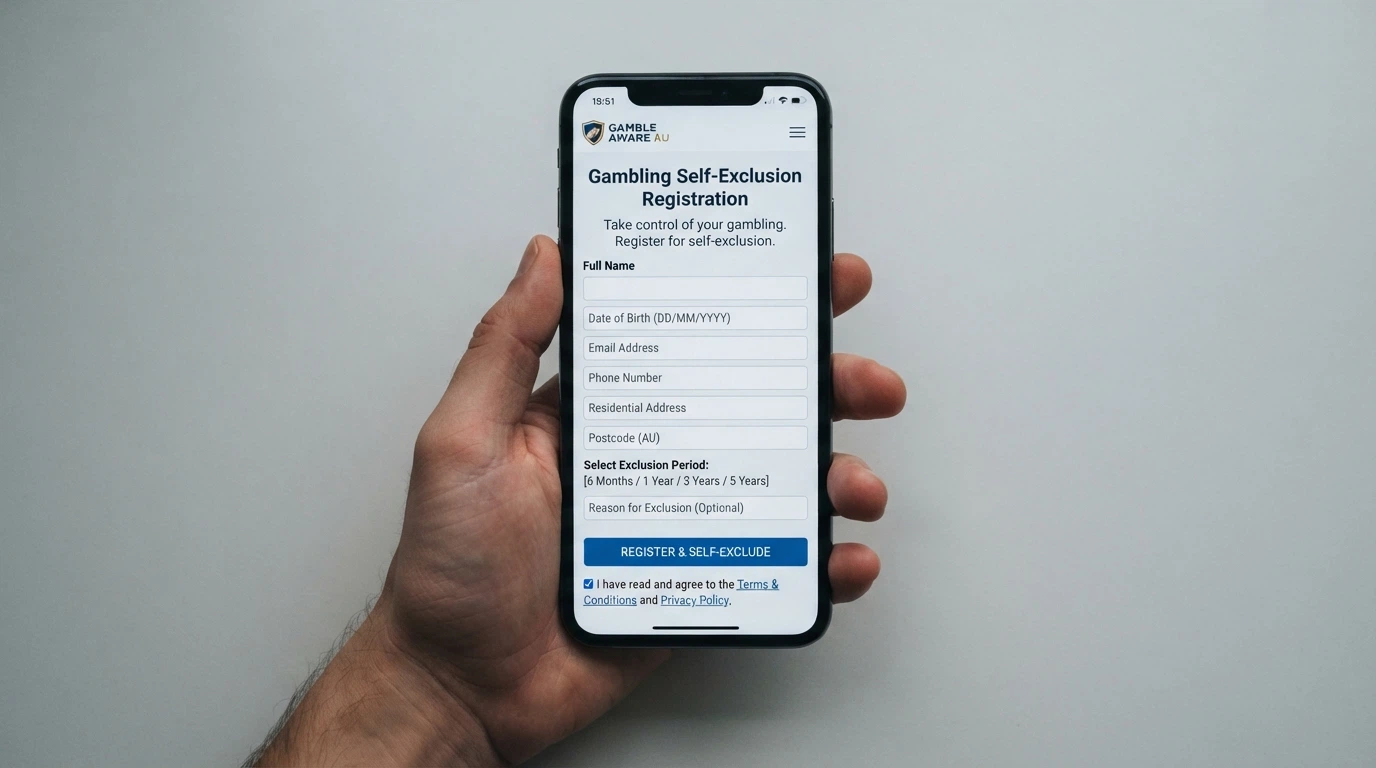 A smartphone displaying the BetStop National Self-Exclusion Register sign-up page with form fields visible