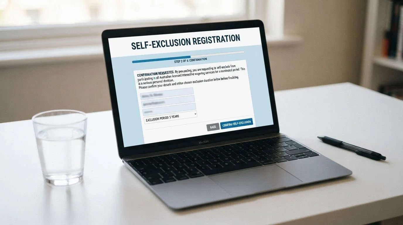 A laptop screen showing the BetStop registration page with the Australian Government crest the National Self-Exclusion Register heading and a progress indicator at step two of four