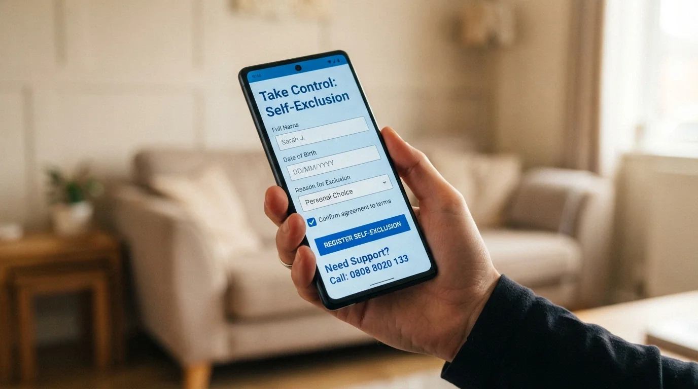 The BetStop National Self-Exclusion Register landing page on a device screen, the registration prompt and the 1800 858 858 helpline number visible