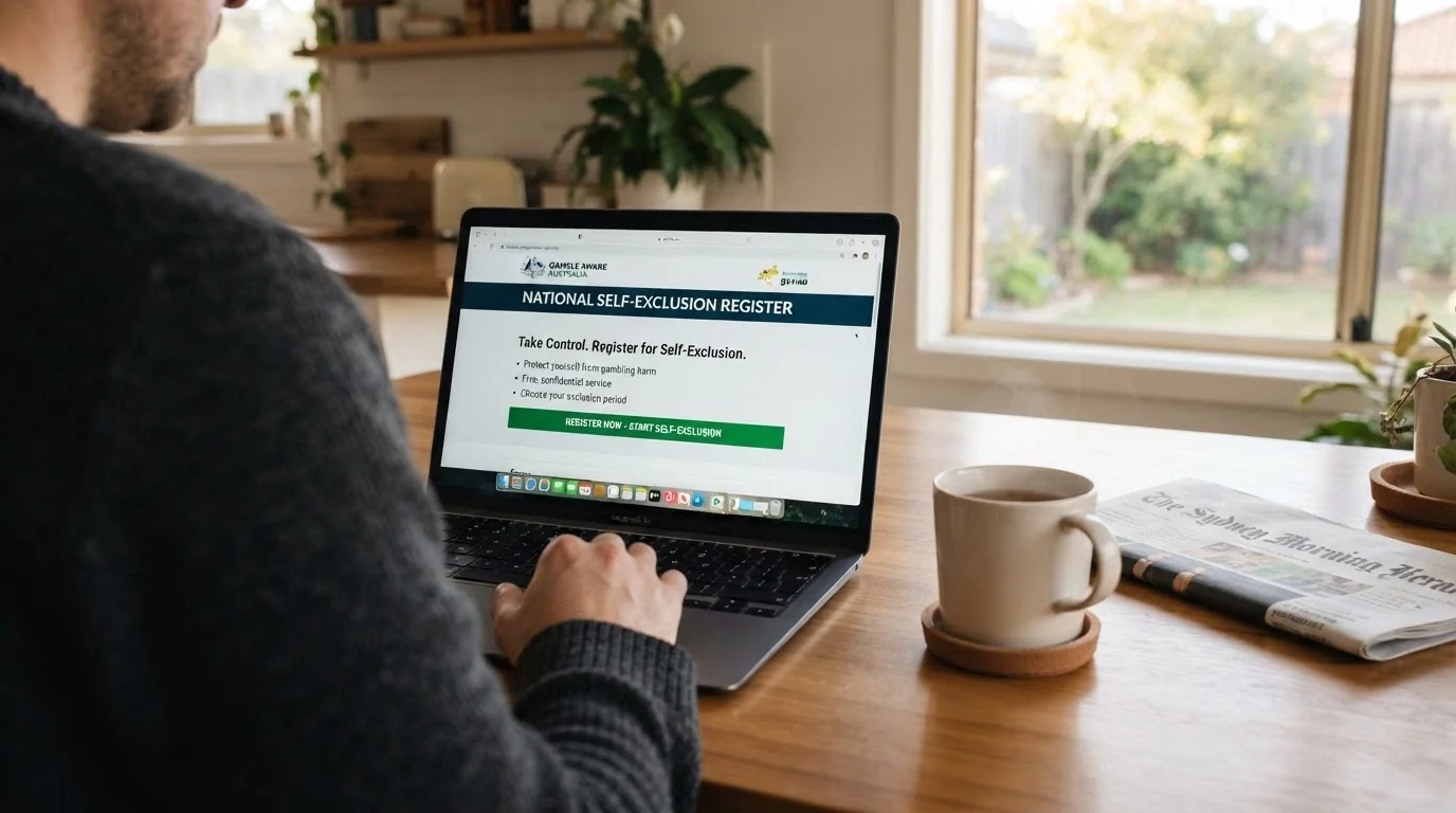 A laptop screen showing the BetStop National Self-Exclusion Register homepage with the registration button and a cup of tea beside the keyboard