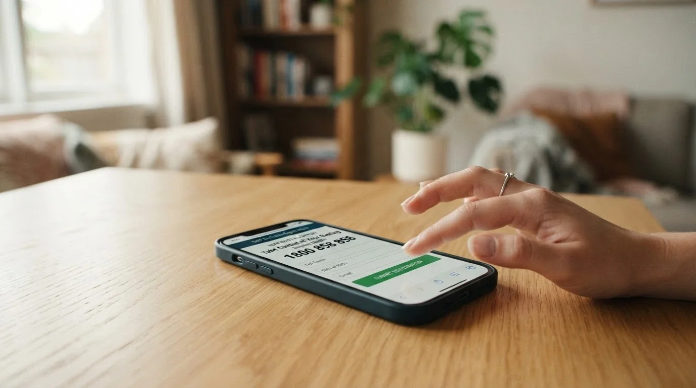 A person's hand hovering over a smartphone screen displaying the BetStop registration page alongside the National Gambling Helpline number 1800 858 858