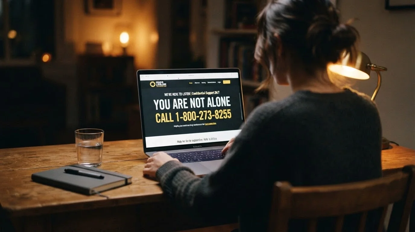 A person at a laptop with the BetStop or Gambling Help Online website visible, the National Gambling Helpline number on screen