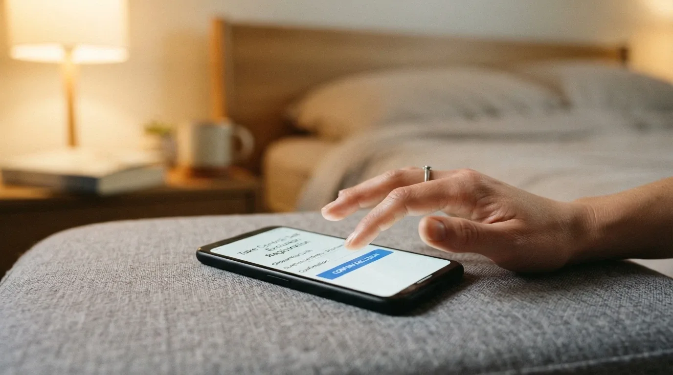 A person's hand hovering over a smartphone screen showing the BetStop National Self-Exclusion Register registration page