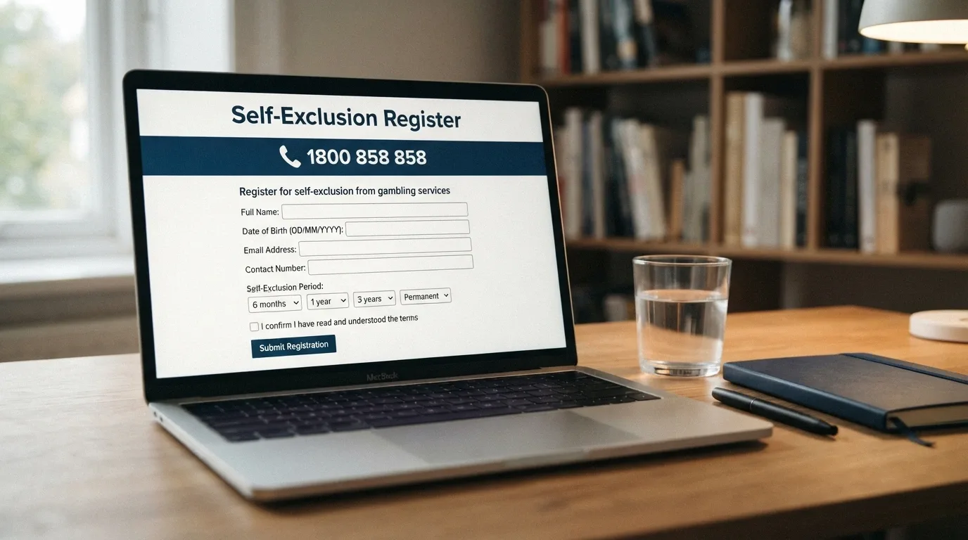 BetStop National Self-Exclusion Register website on a laptop with the gambling helpline number visible