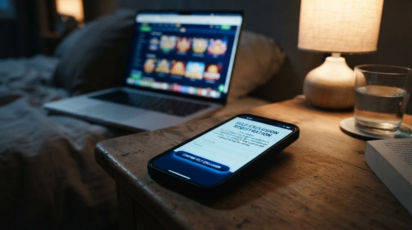 A smartphone showing the BetStop registration page with an offshore casino logo in the background, out of focus