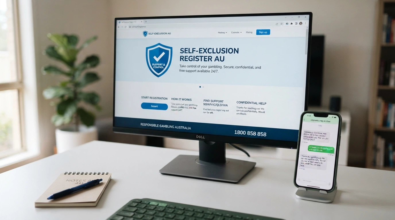 The BetStop National Self-Exclusion Register homepage on a desktop screen beside a smartphone showing the Gambling Help Online chat interface