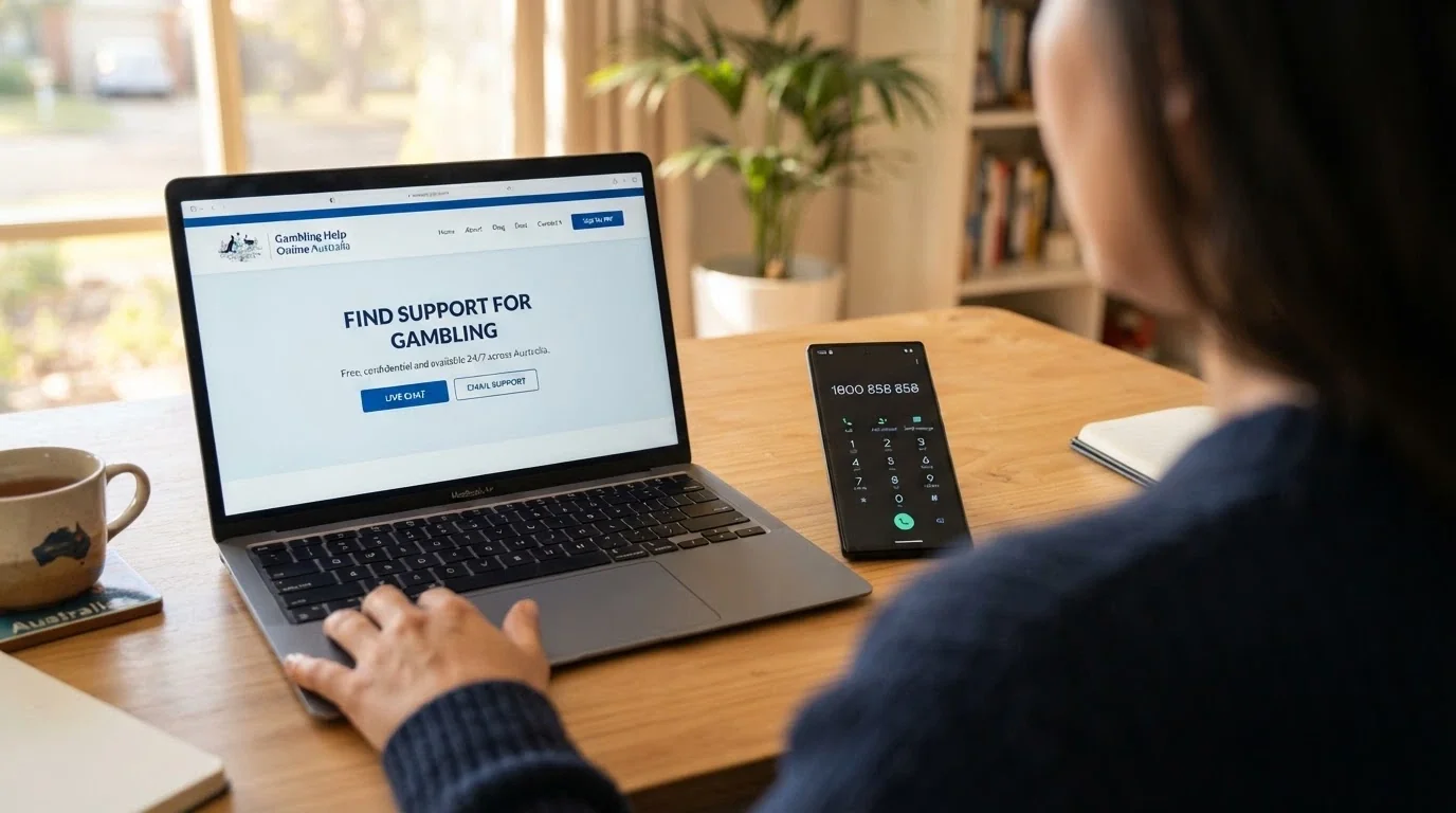 BetStop National Self-Exclusion Register homepage on a laptop screen beside a smartphone showing the National Gambling Helpline number 1800 858 858