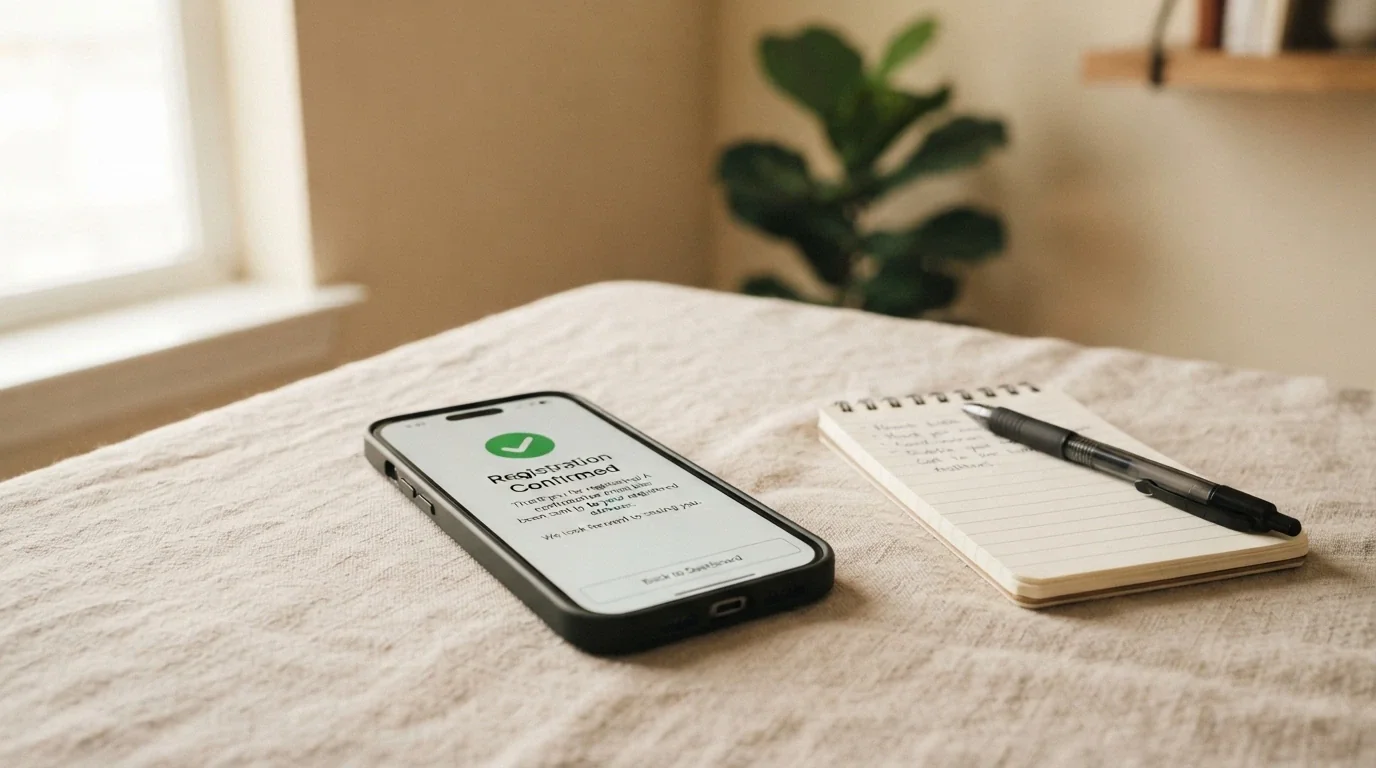 A calm, supportive image of a smartphone showing the BetStop registration confirmation screen, with the 1800 858 858 helpline number prominent