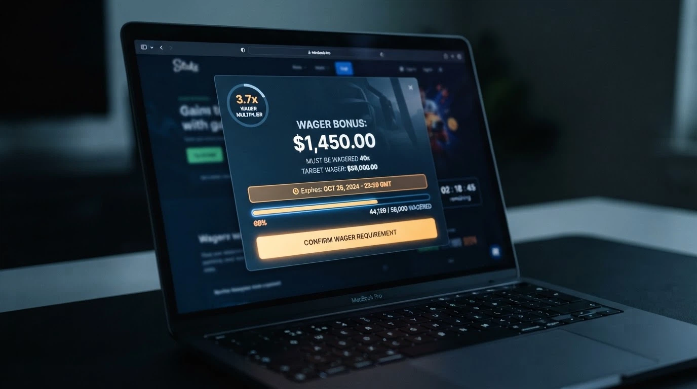 Close-up of a casino bonus terms pop-up window with the wagering requirement figure and expiry date highlighted