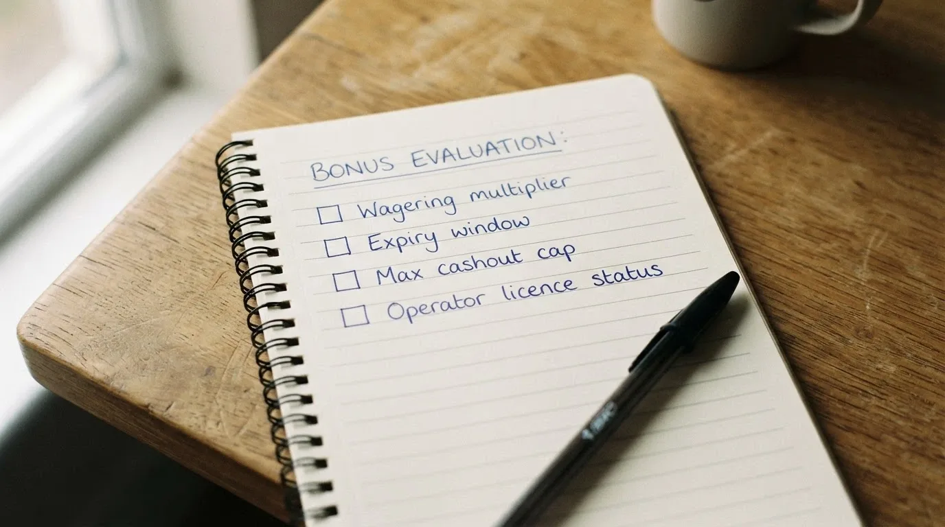 A notepad with a checklist of bonus-code evaluation criteria — wagering expiry max cashout and licence status
