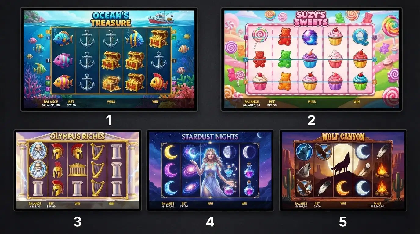 A grid of game artwork for Big Bass Bonanza Sweet Bonanza Gates of Olympus Starlight Princess and Wolf Gold