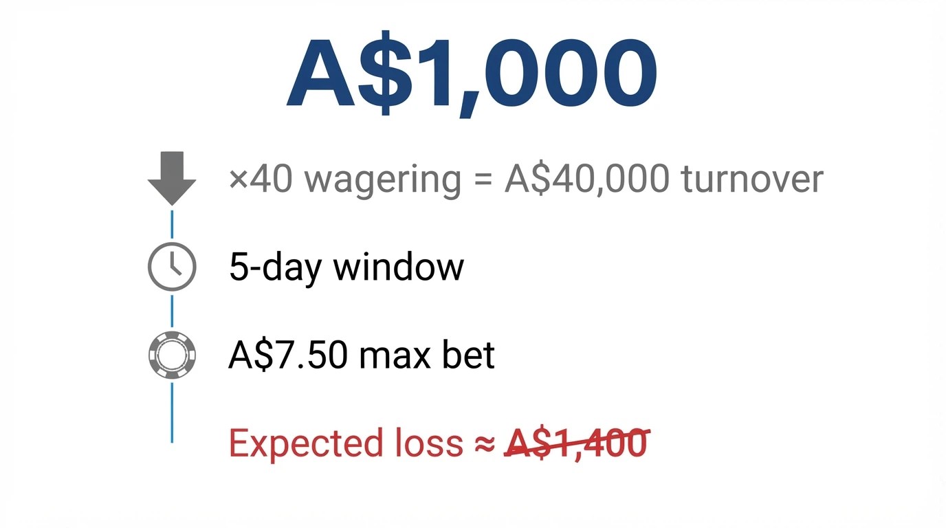 An infographic breaking down a welcome-bonus headline number into turnover requirement, time limit, max bet and expected loss, with the headline shrinking at each step