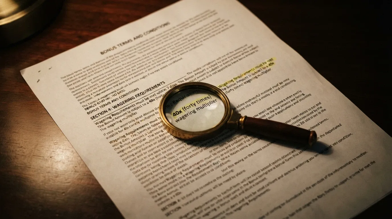 A magnifying glass over bonus terms and conditions text, with the wagering-multiplier clause highlighted