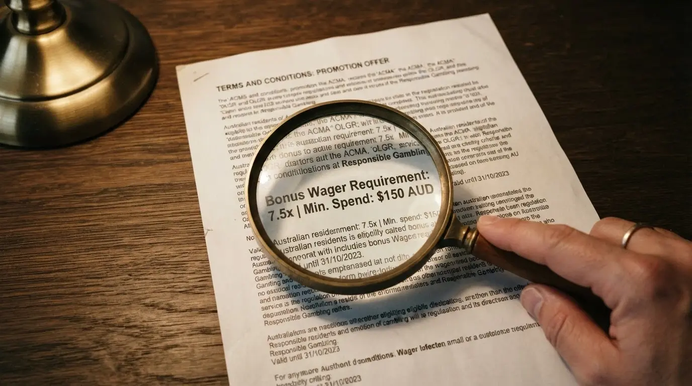 A close-up of bonus terms and conditions with a magnifying glass centred on the wagering requirement line