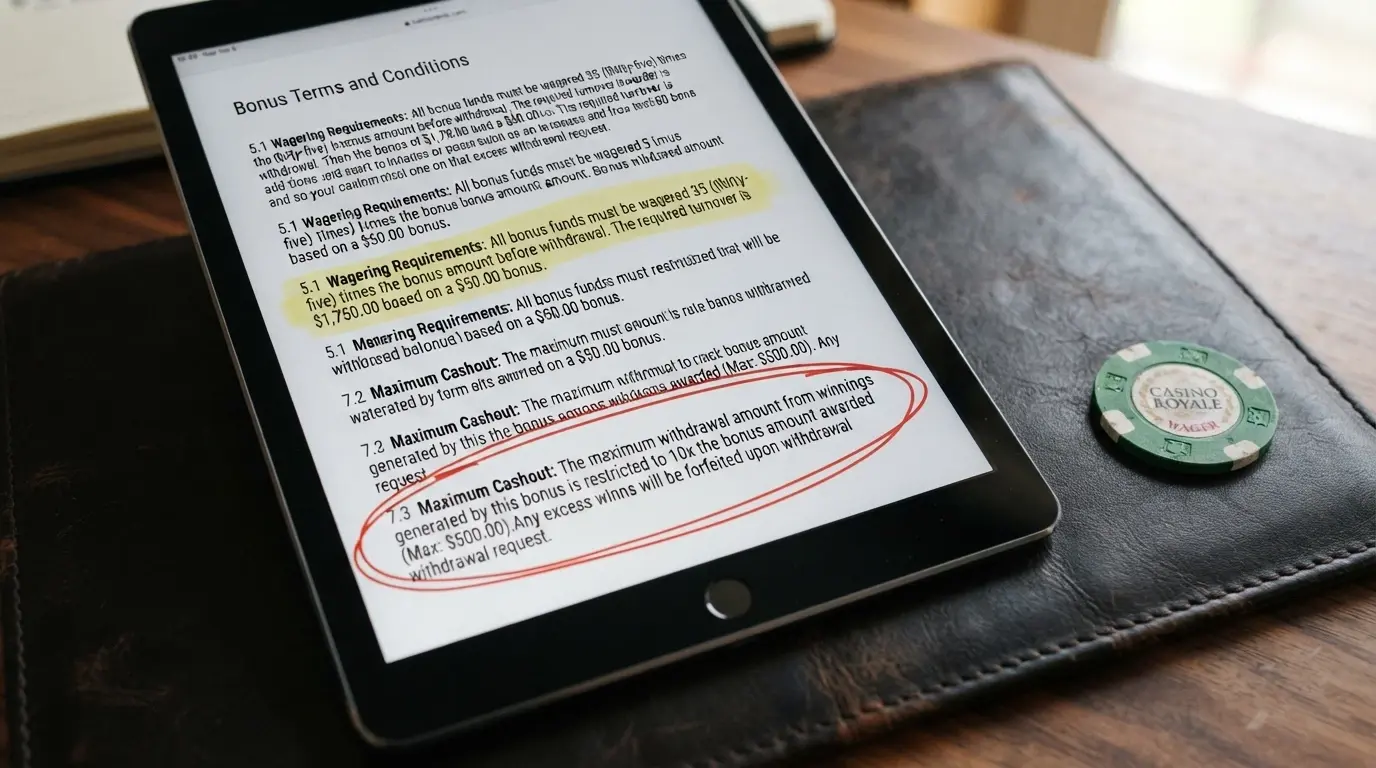 A close-up of casino bonus terms and conditions on an iPad screen with the turnover-requirement clause and maximum-cashout cap highlighted