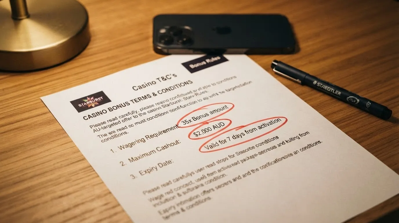 A close-up of a casino bonus terms panel with the wagering requirement, maximum cashout and expiry-date fields circled in red