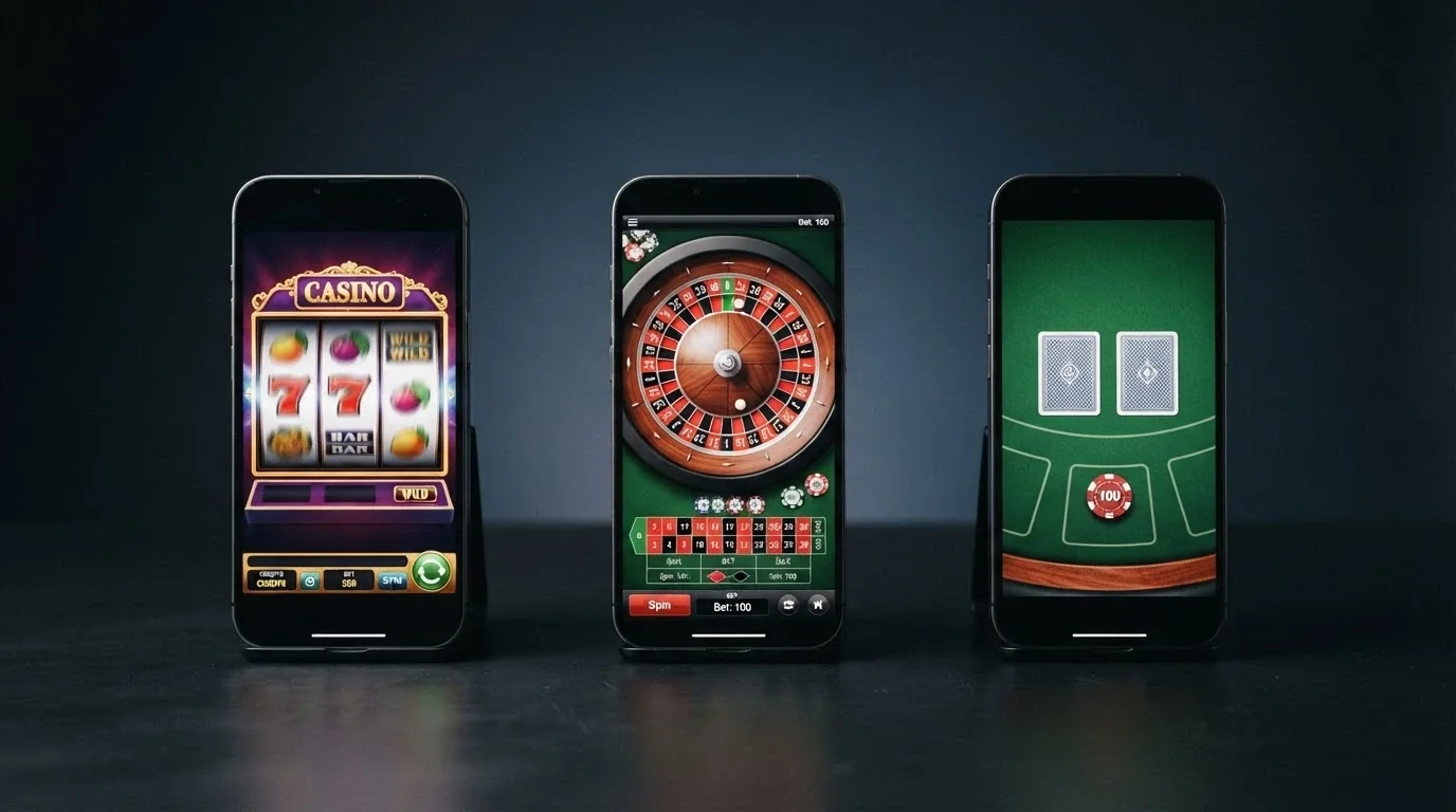 Three smartphone screens side by side showing different bonus types: free spins on a pokie, bonus credit in a casino balance, and a deposit match percentage offer