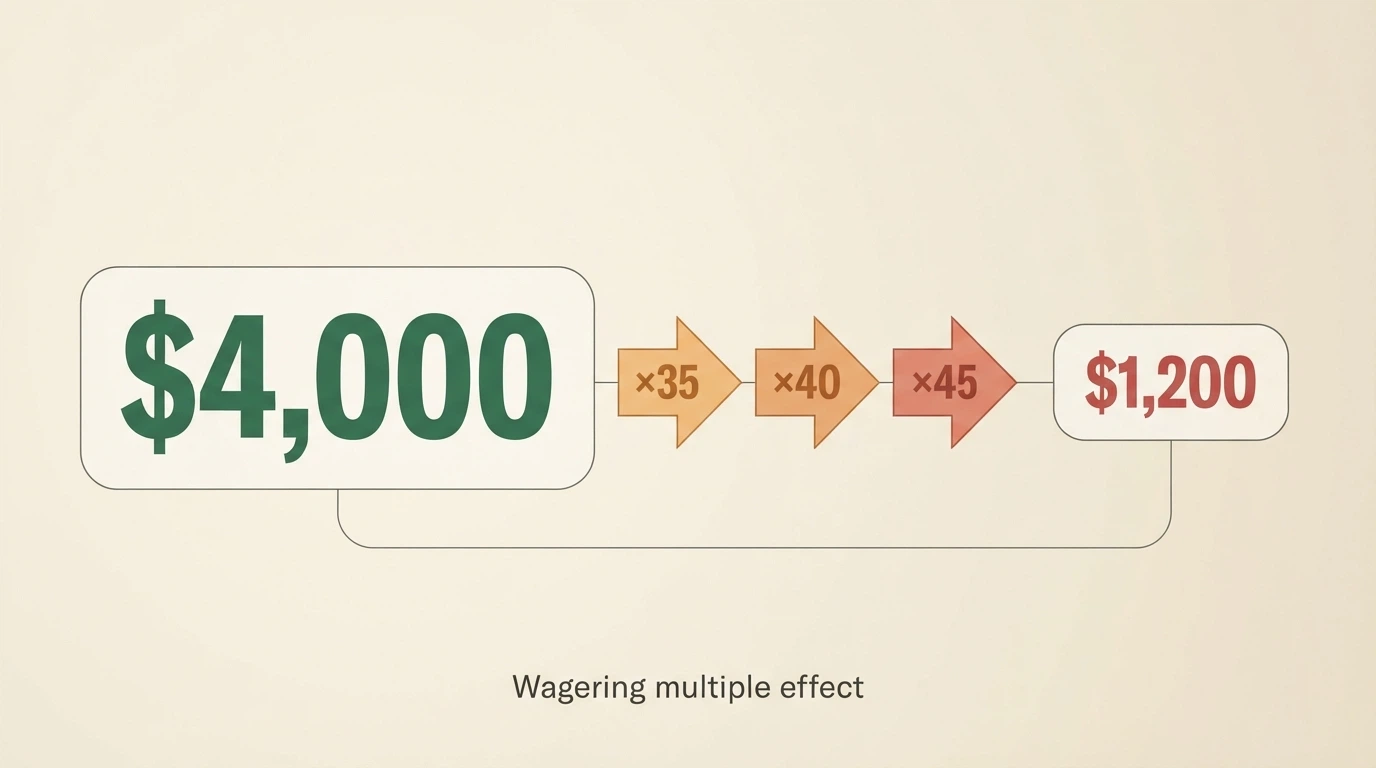 A visual comparison: a large bonus dollar figure on the left, a series of shrinking arrows showing the wagering-multiple effect, and a much smaller withdrawable amount on the right